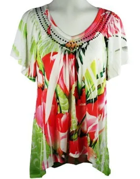 California Bloom Geometric Print Burnout Top with a Trimmed V-Neck Accented with Rivets