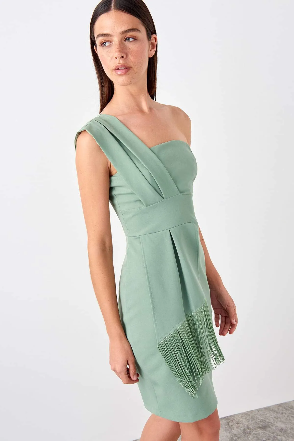 11692 Green One Shoulder Tassel Sash Dress