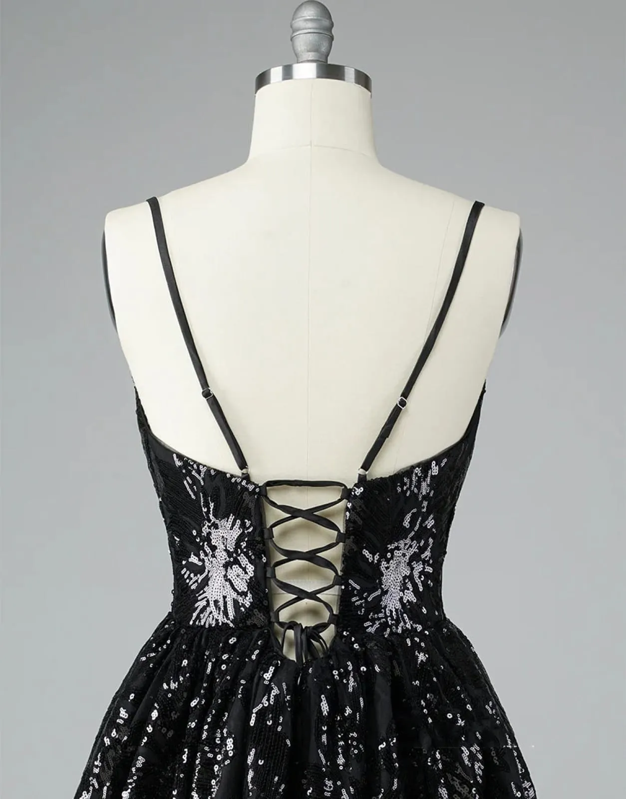 A-Line V Neck Black Lace Glitter Straps Corset Back Homecoming Dress