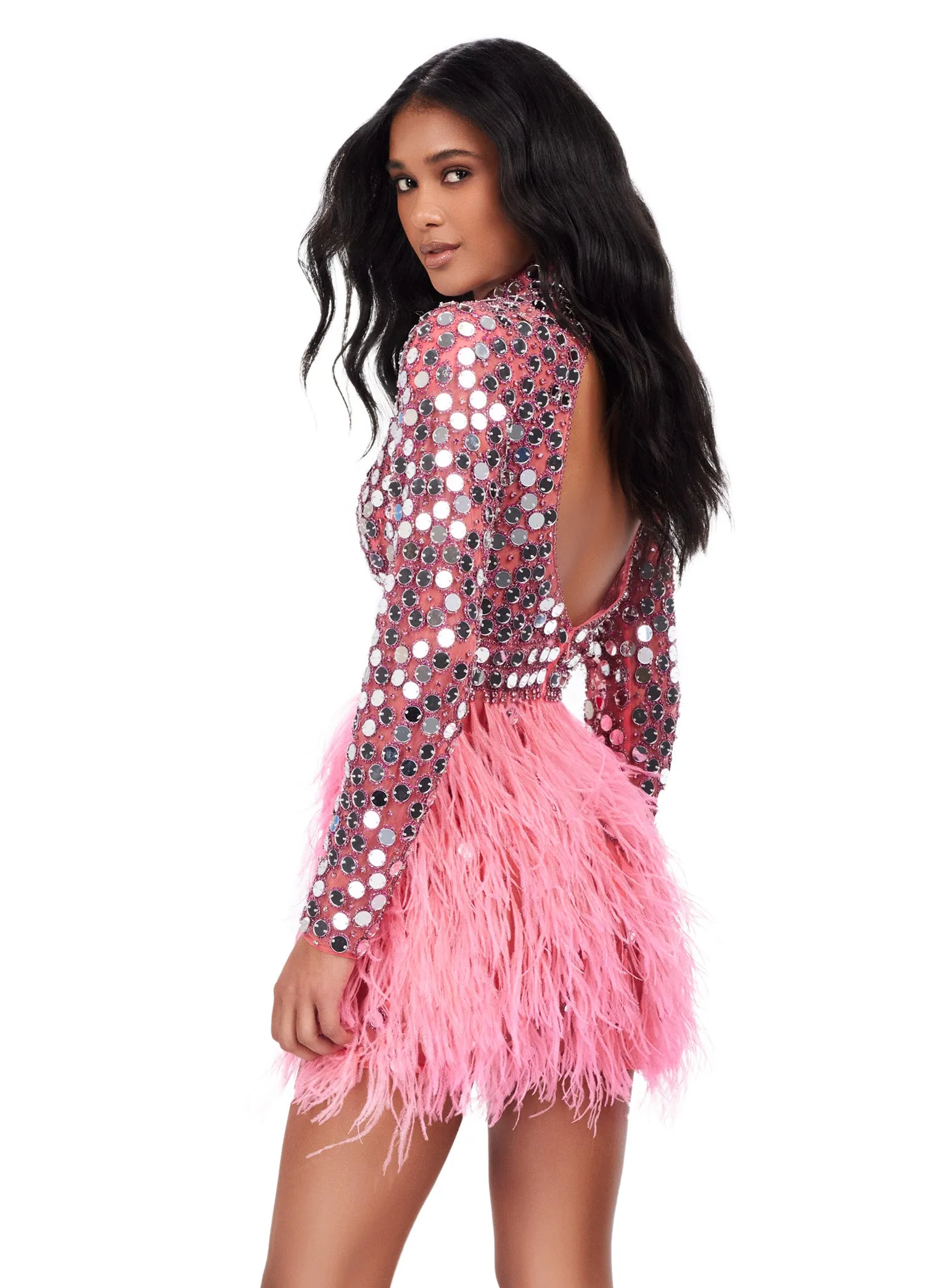 Ashley Lauren 4673 Long Sleeve Cocktail Dress with Mirrors and Feathers Prom Formal