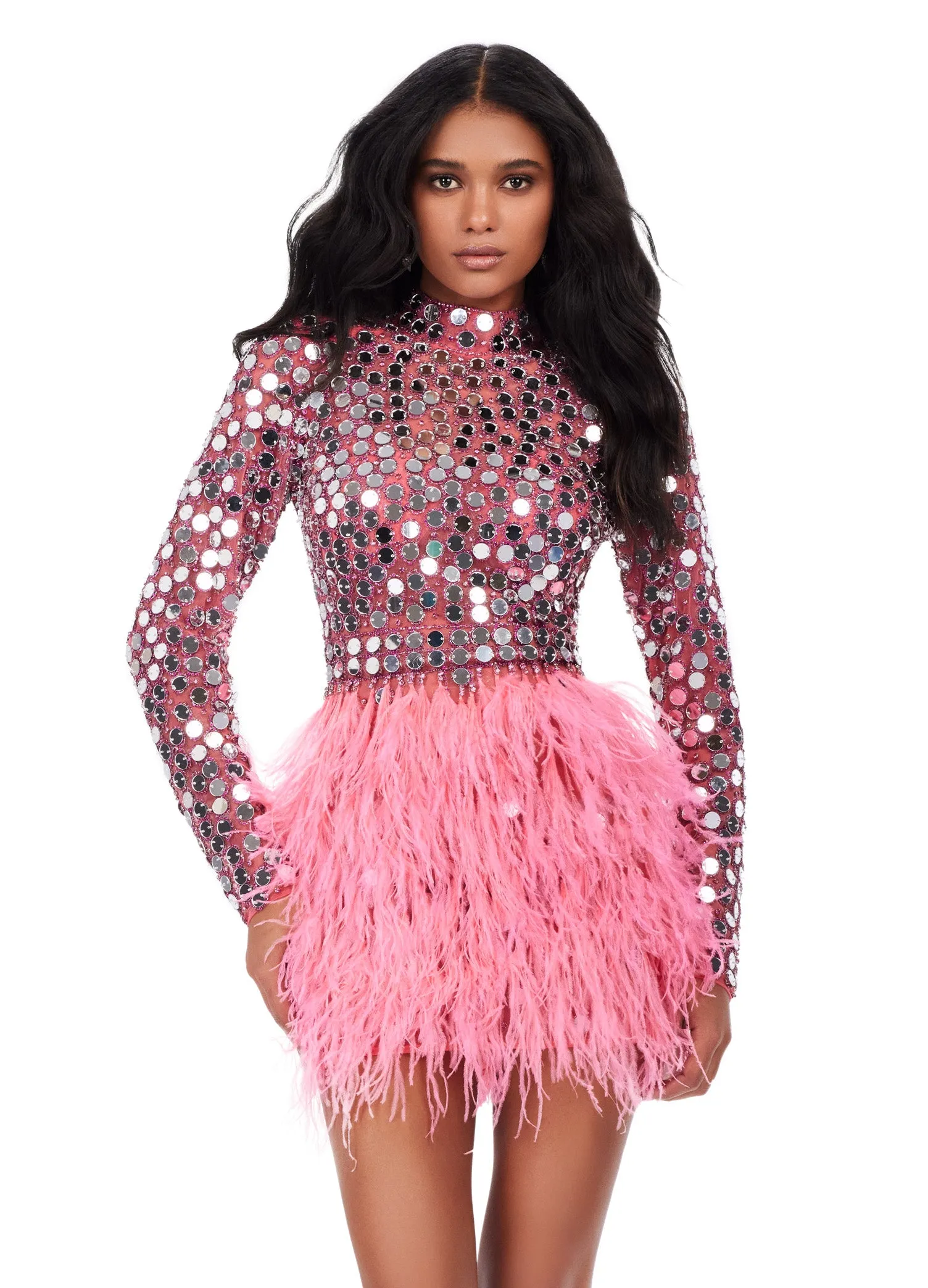 Ashley Lauren 4673 Long Sleeve Cocktail Dress with Mirrors and Feathers Prom Formal