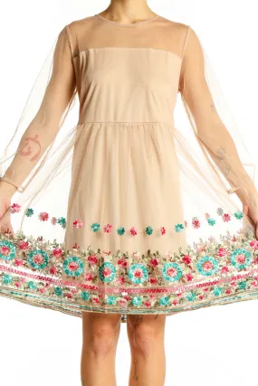 Beige Floral Embroidered Mesh Dress