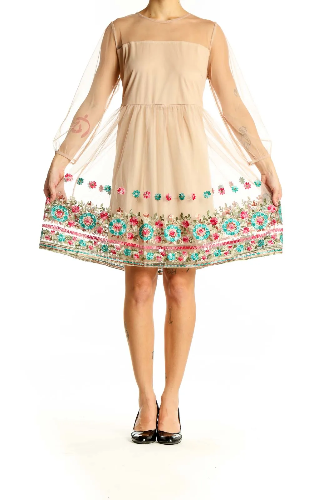 Beige Floral Embroidered Mesh Dress