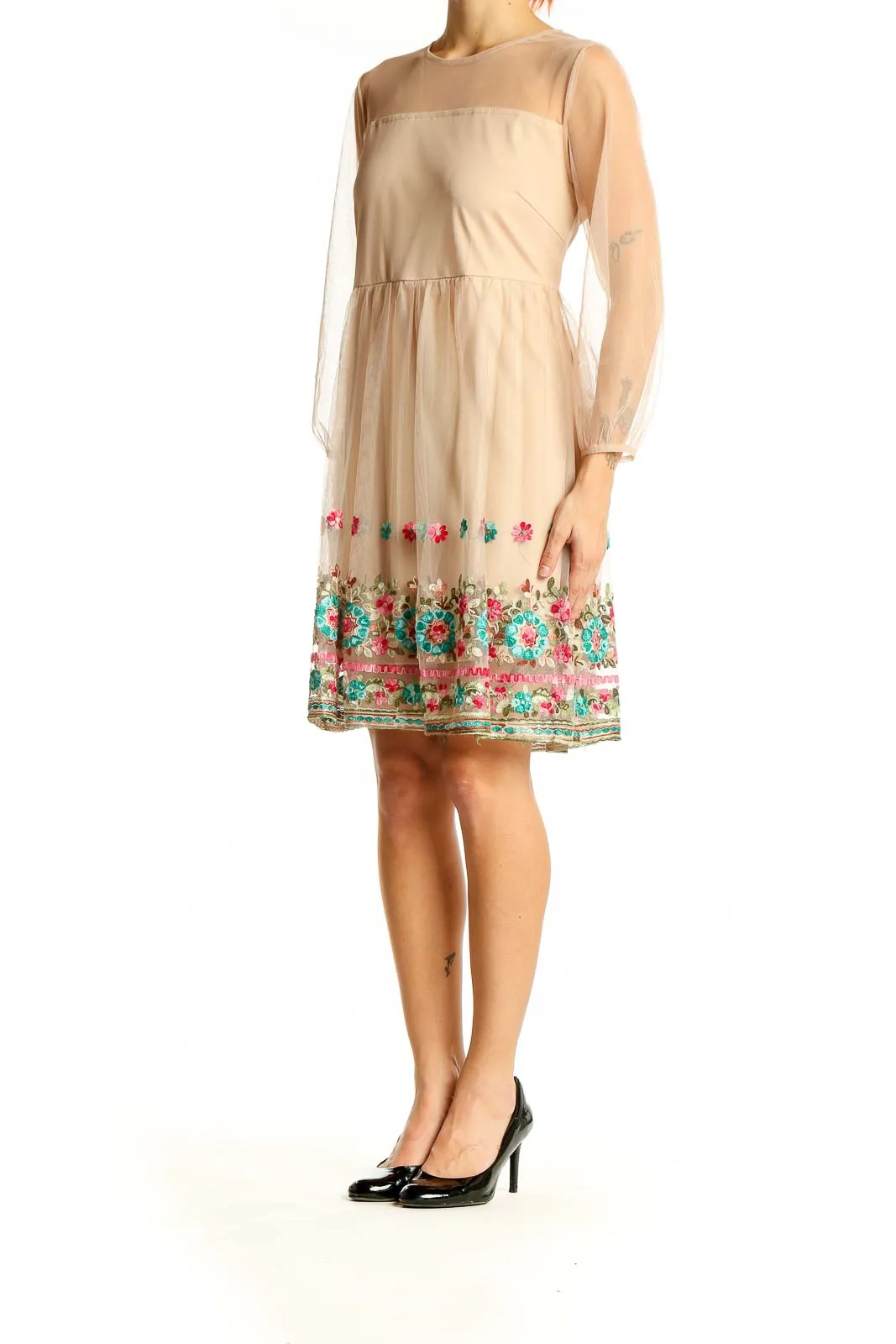 Beige Floral Embroidered Mesh Dress