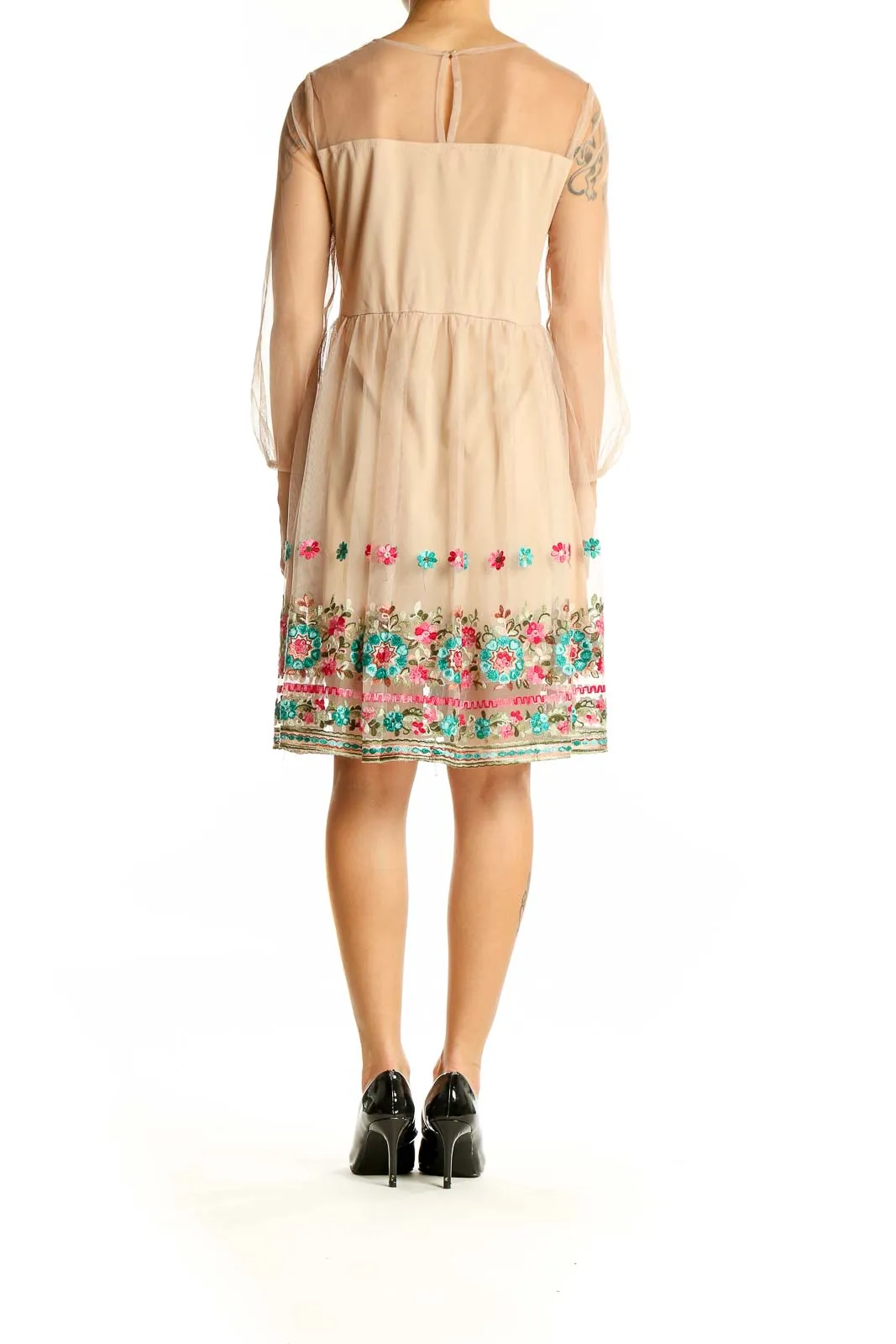 Beige Floral Embroidered Mesh Dress