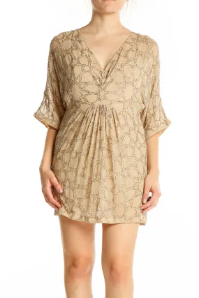 Beige Geometric Embroidered Mini Dress