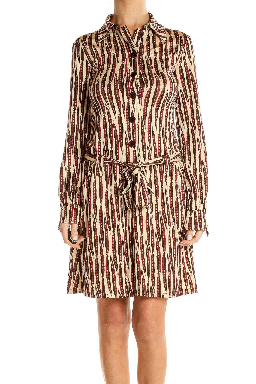 Beige Red Feather Printed Shift Dress