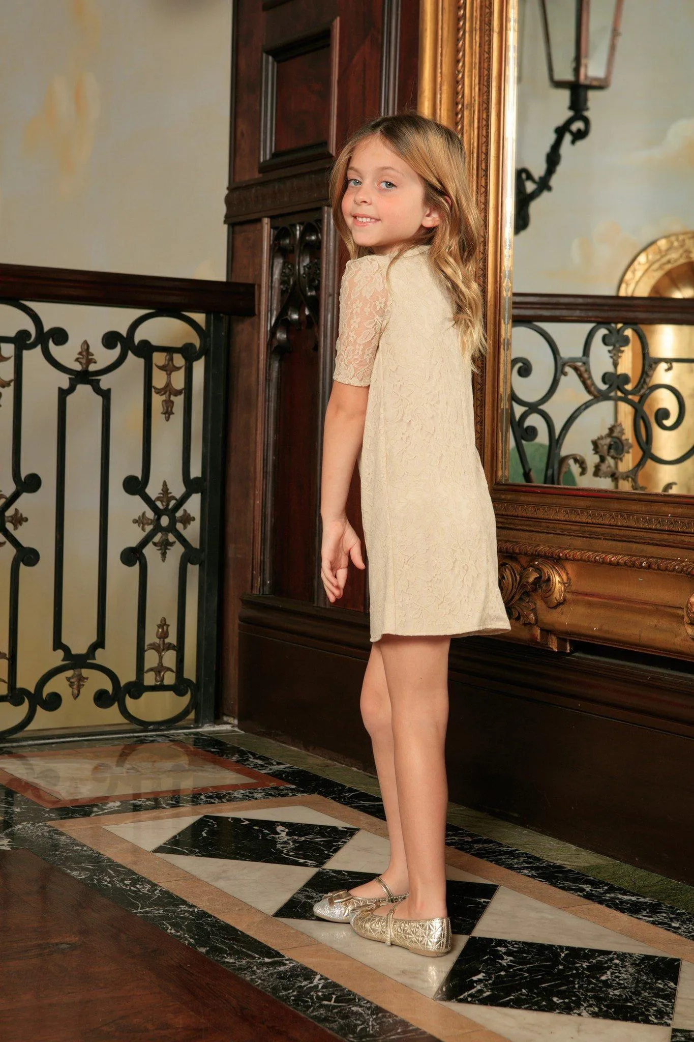 Beige Stretchy Lace Elbow Sleeve Cute Fancy Party Shift Dress - Girls