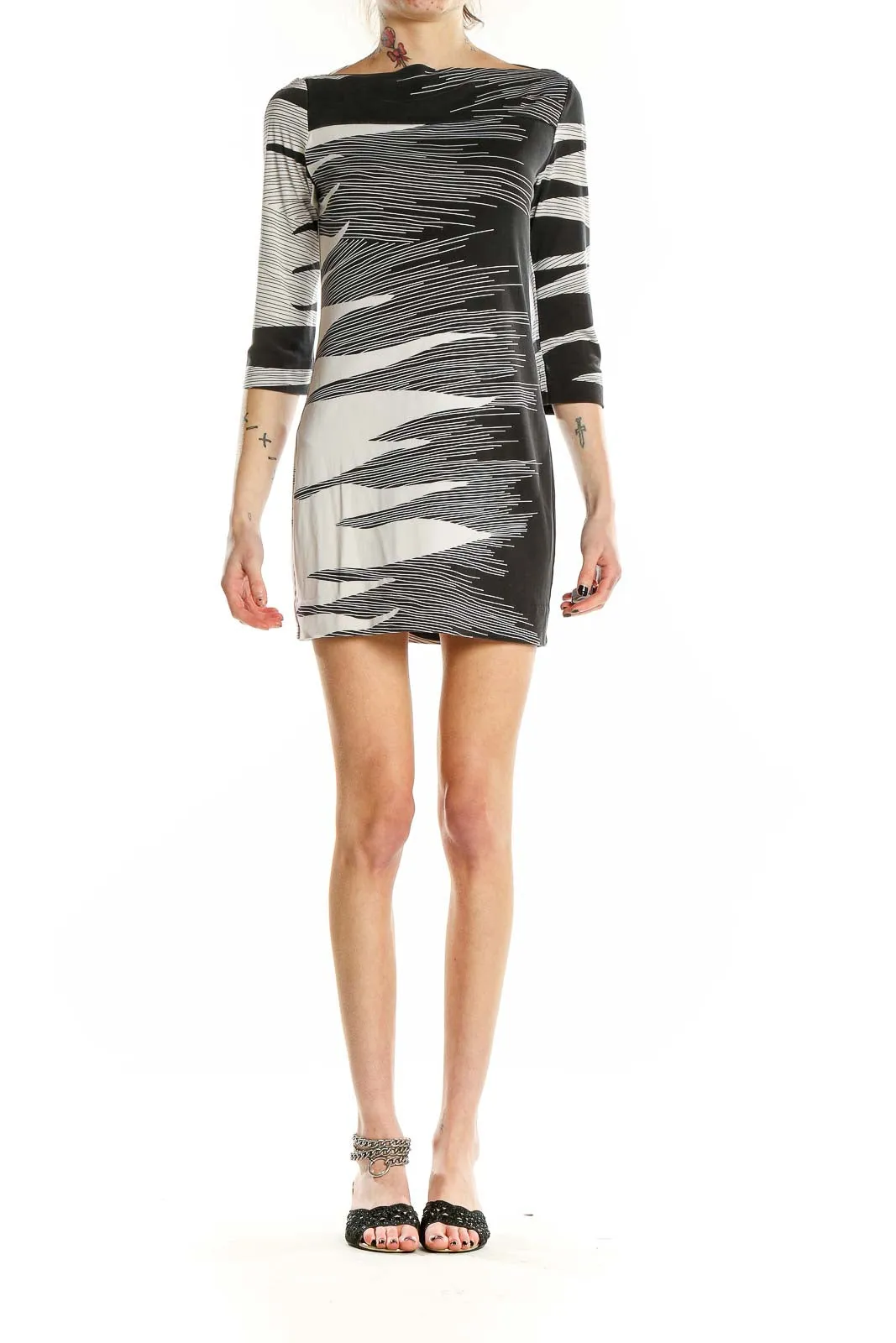 Black and White Geometric Print Silk Dress