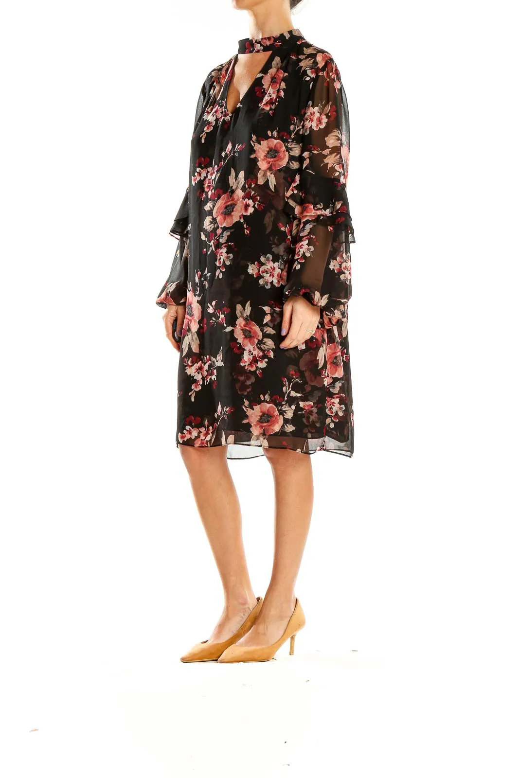 Black Floral Chiffon Bell Sleeve Dress