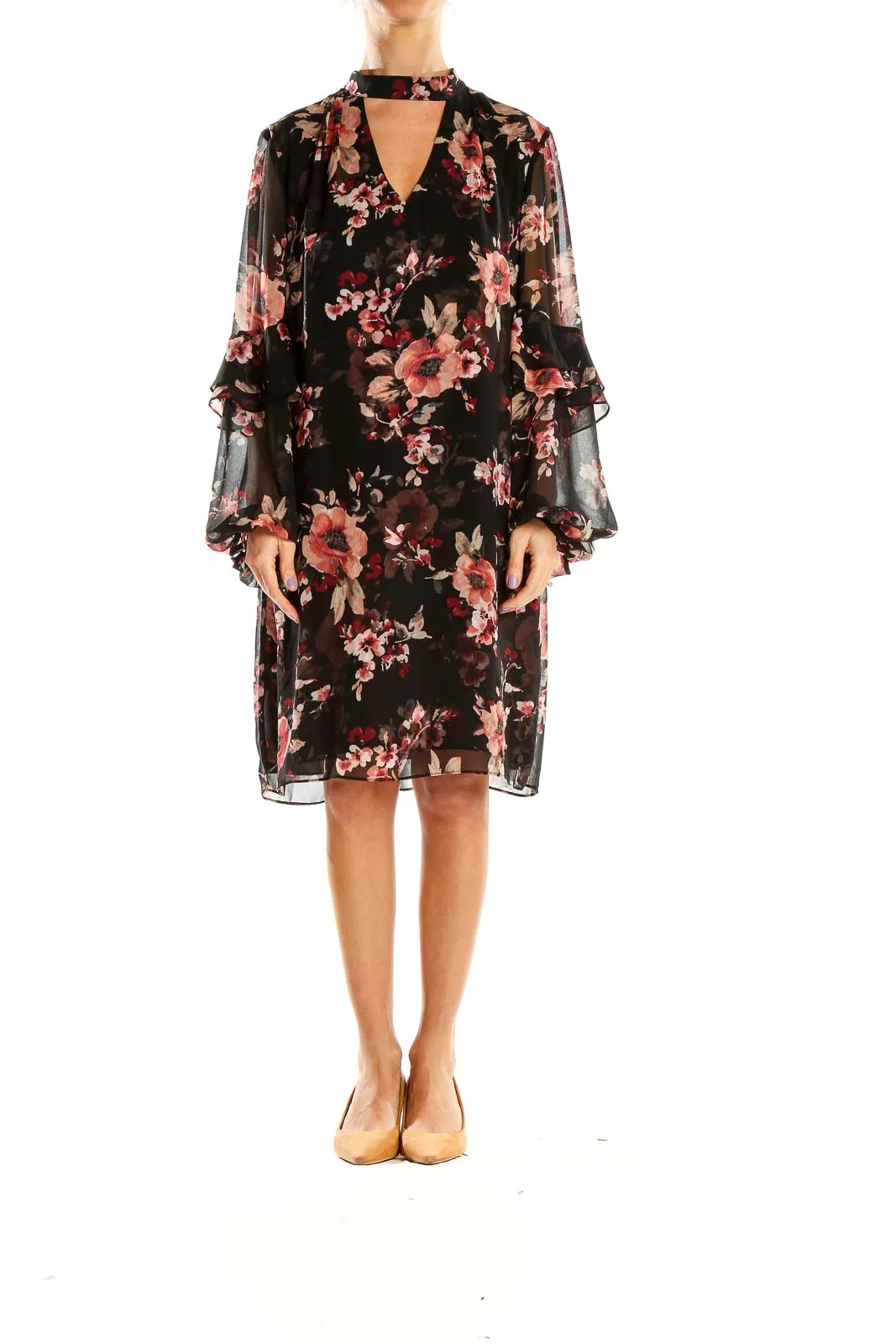 Black Floral Chiffon Bell Sleeve Dress