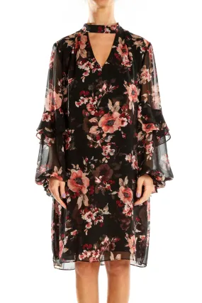 Black Floral Chiffon Bell Sleeve Dress