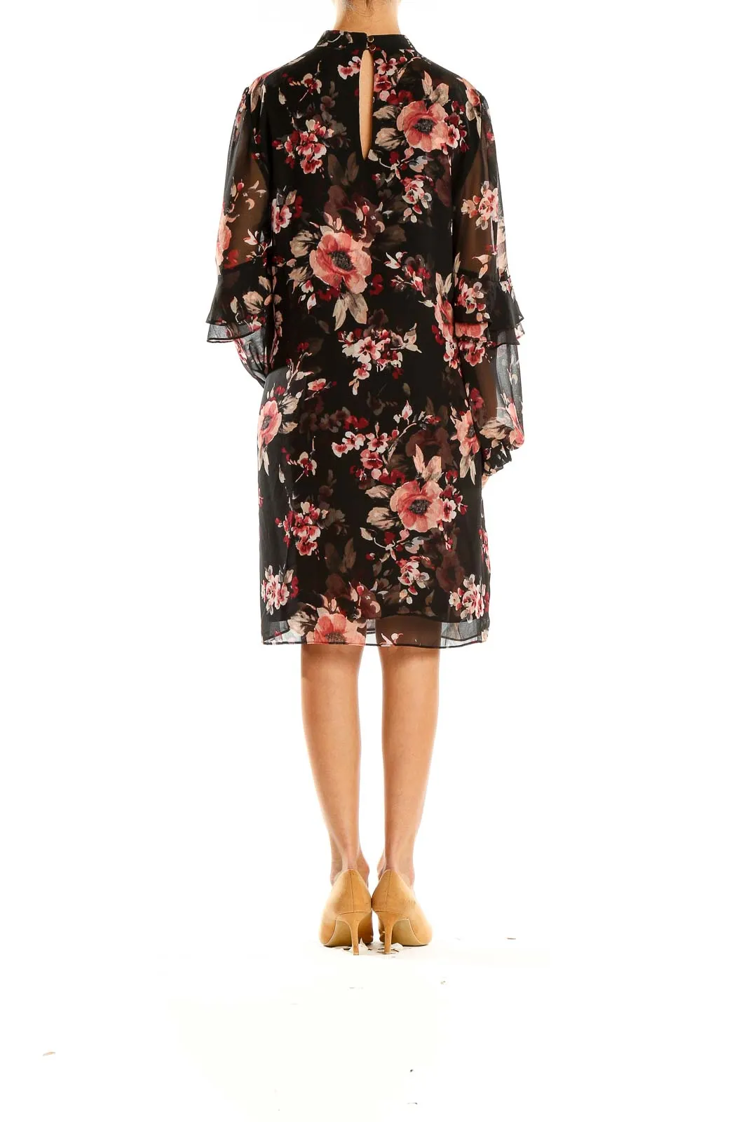 Black Floral Chiffon Bell Sleeve Dress