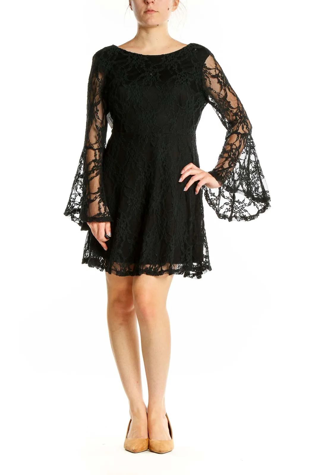 Black Lace Bell Sleeve Mini Dress