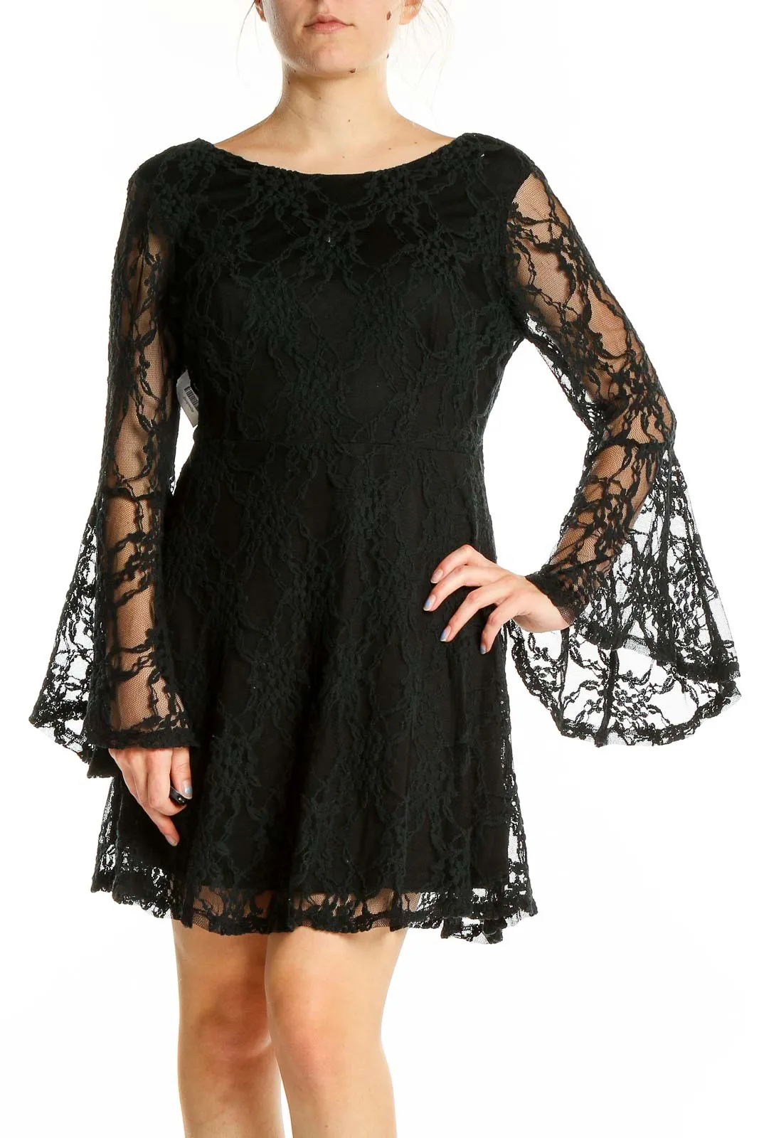 Black Lace Bell Sleeve Mini Dress