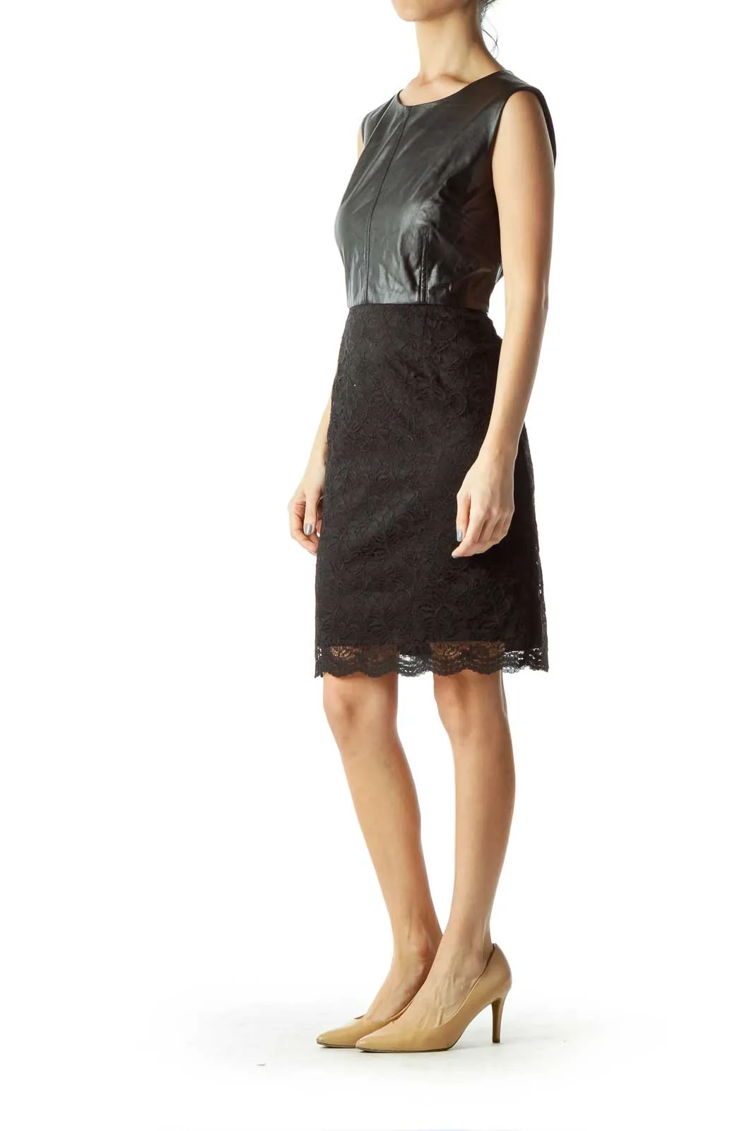 Black Lace Faux Leather Sleeveless Dress