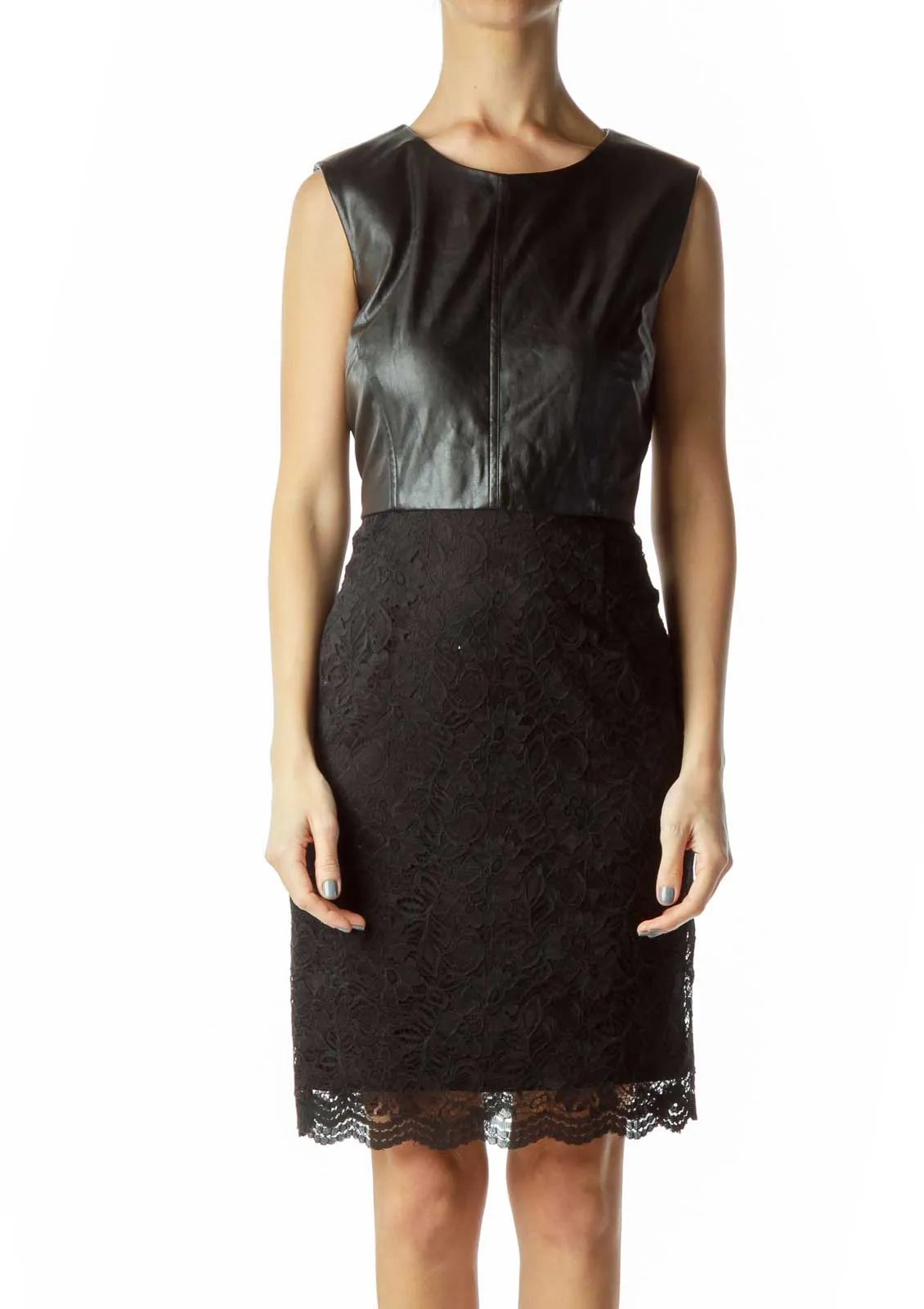 Black Lace Faux Leather Sleeveless Dress