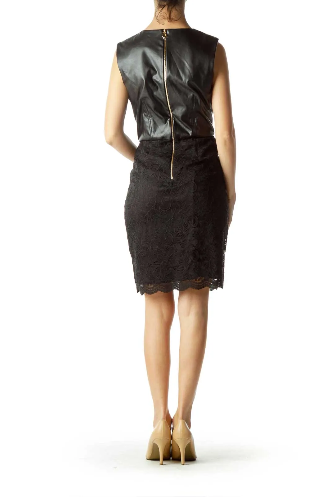 Black Lace Faux Leather Sleeveless Dress