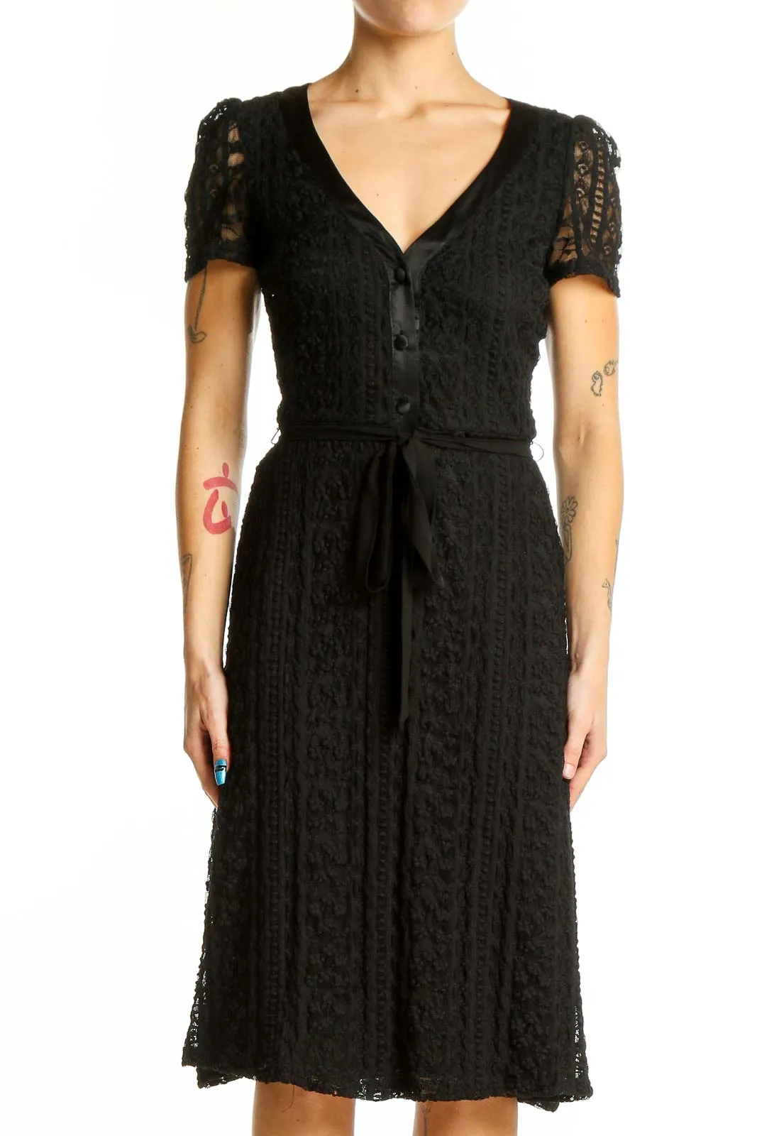 Black Lace V-Neck Midi Dress