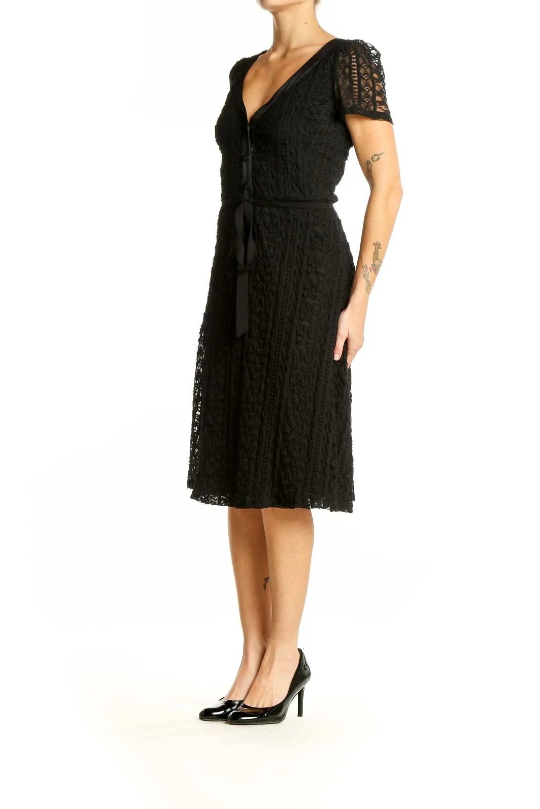 Black Lace V-Neck Midi Dress