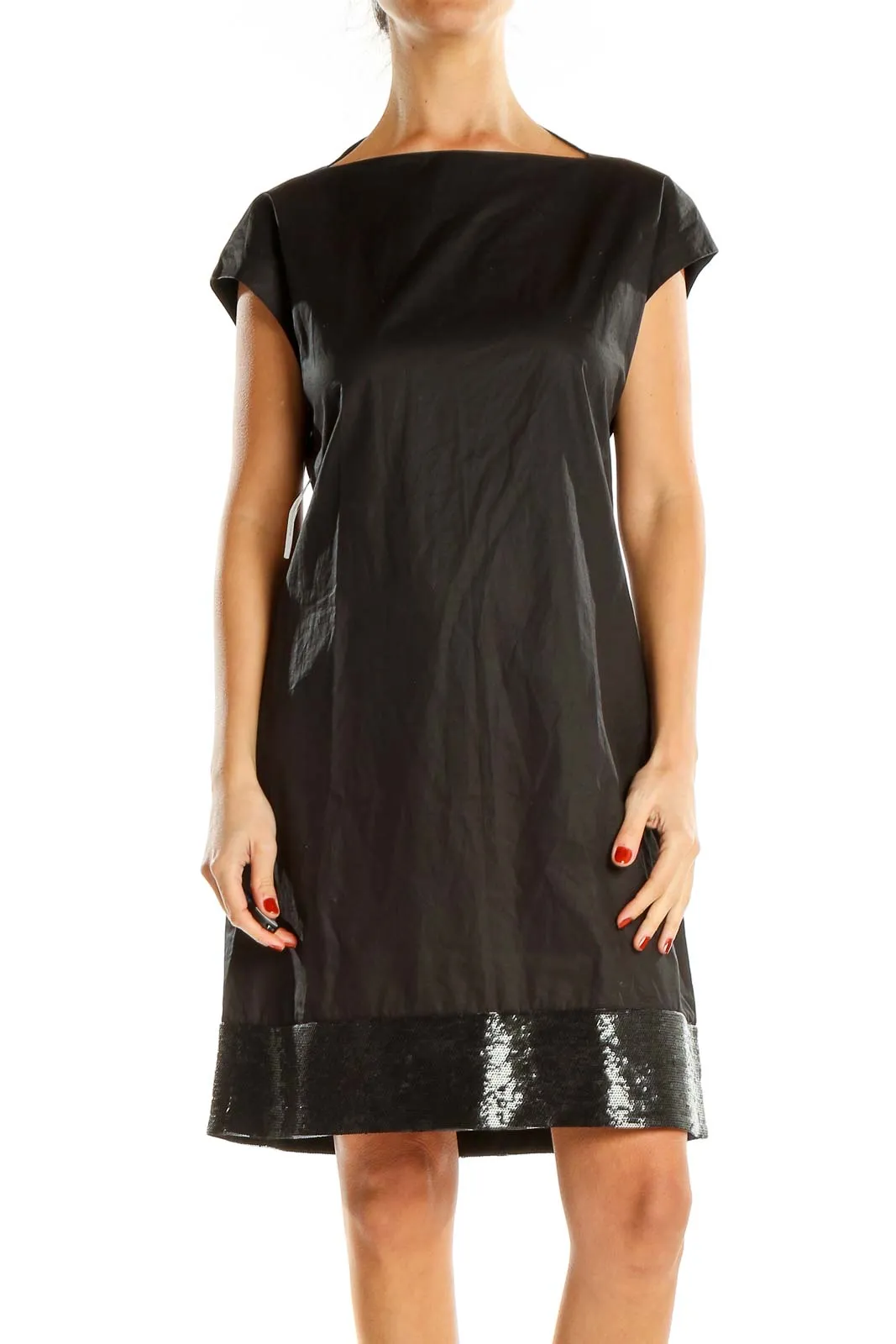 Black Sequin Trim Cocktail Shift Dress