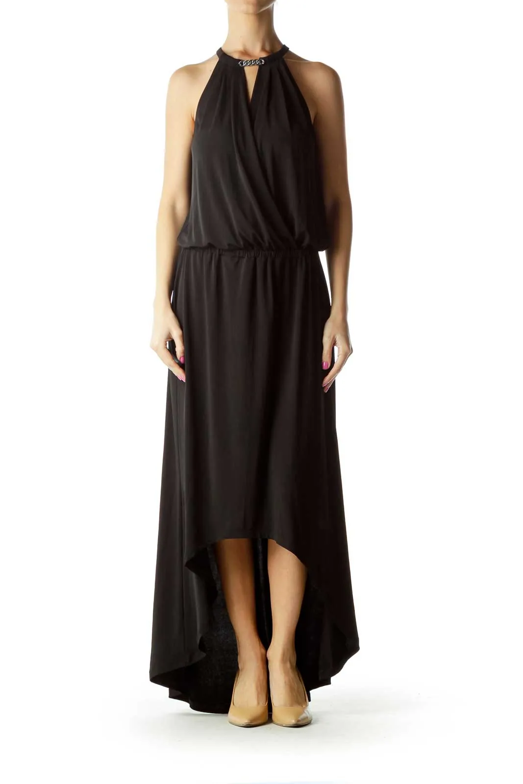 Black Surplice Long Cocktail Dress