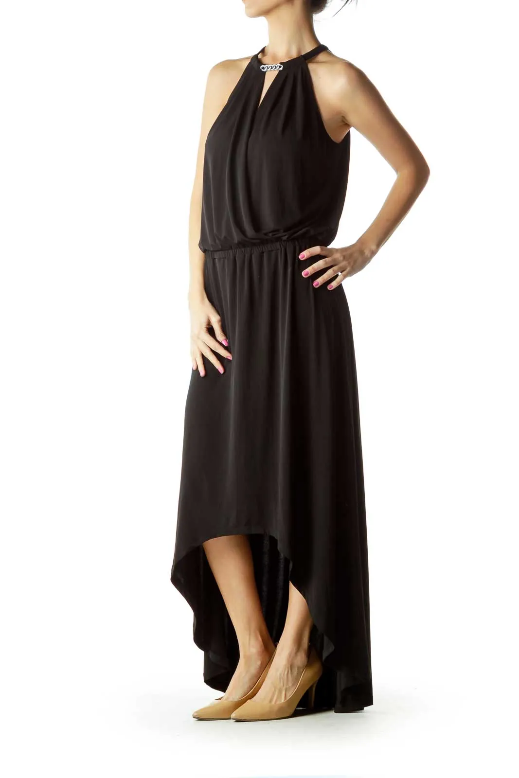 Black Surplice Long Cocktail Dress