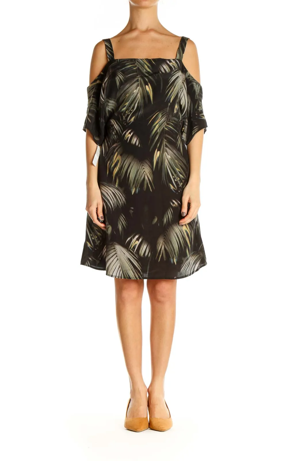 Black Tropical Print Retro Shift Dress