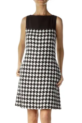 Black White houndstooth Shift Pocketed Dress