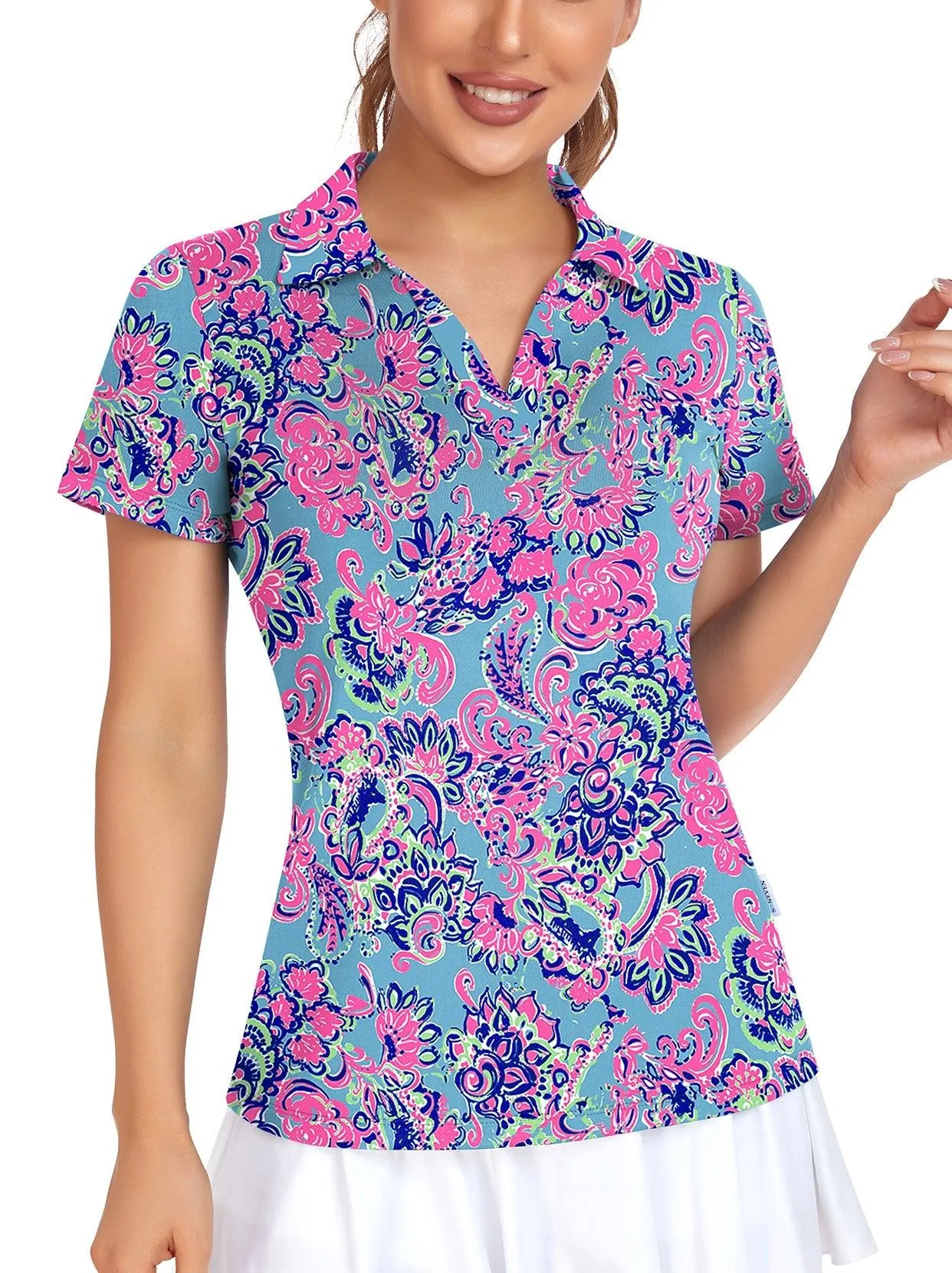 Blue and Purplr Floral Prints V-neck Short-sleeve Golf Polo for Women