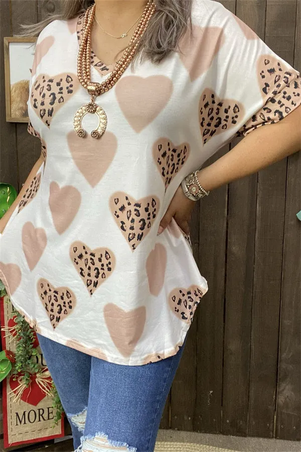 BQ12885 Leopard hearts printed short sleeve women tops for valentine holiday