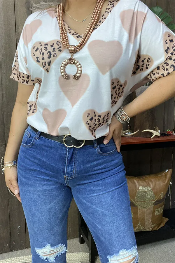 BQ12885 Leopard hearts printed short sleeve women tops for valentine holiday