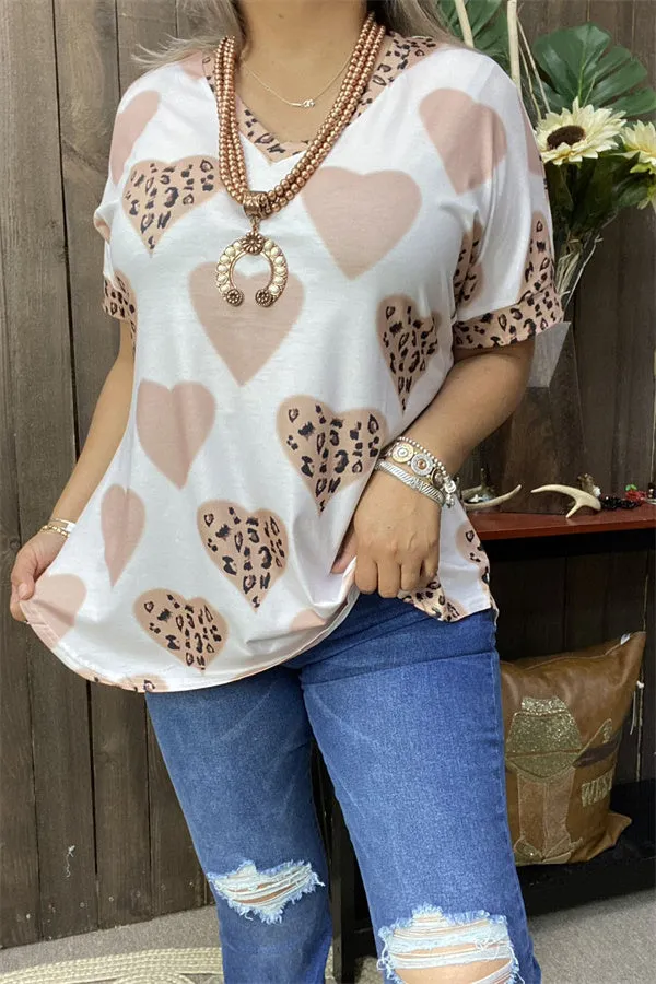 BQ12885 Leopard hearts printed short sleeve women tops for valentine holiday