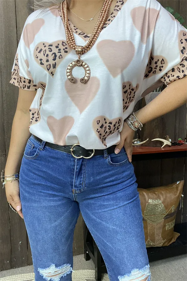 BQ12885 Leopard hearts printed short sleeve women tops for valentine holiday