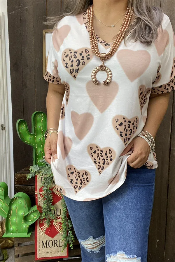 BQ12885 Leopard hearts printed short sleeve women tops for valentine holiday