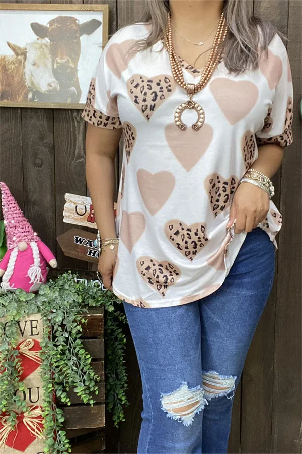 BQ12885 Leopard hearts printed short sleeve women tops for valentine holiday