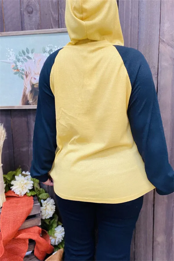 BQ15467 Block yellow&black color knitted fabric hoodie w/string long sleeve women tops