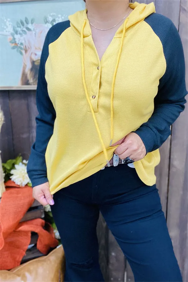 BQ15467 Block yellow&black color knitted fabric hoodie w/string long sleeve women tops