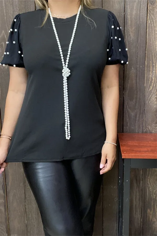 BQ15548 Black solid color w/pearl short sleeve women tops