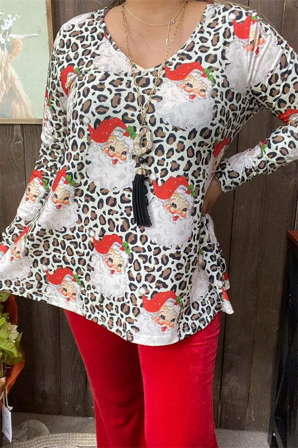 BQ15650 Santa Claus&Leopard for holiday multi color printed long sleeve women tops