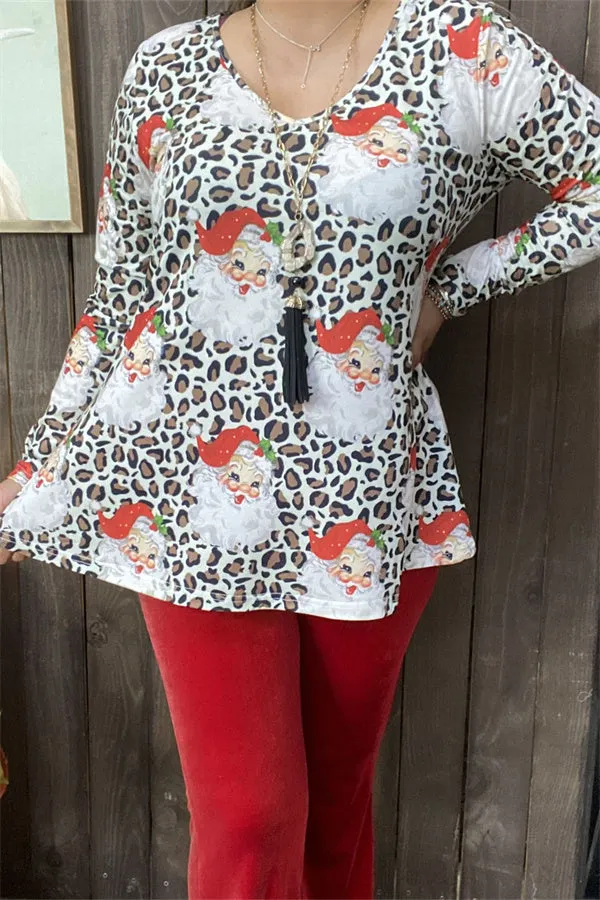 BQ15650 Santa Claus&Leopard for holiday multi color printed long sleeve women tops