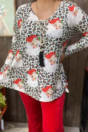 BQ15650 Santa Claus&Leopard for holiday multi color printed long sleeve women tops