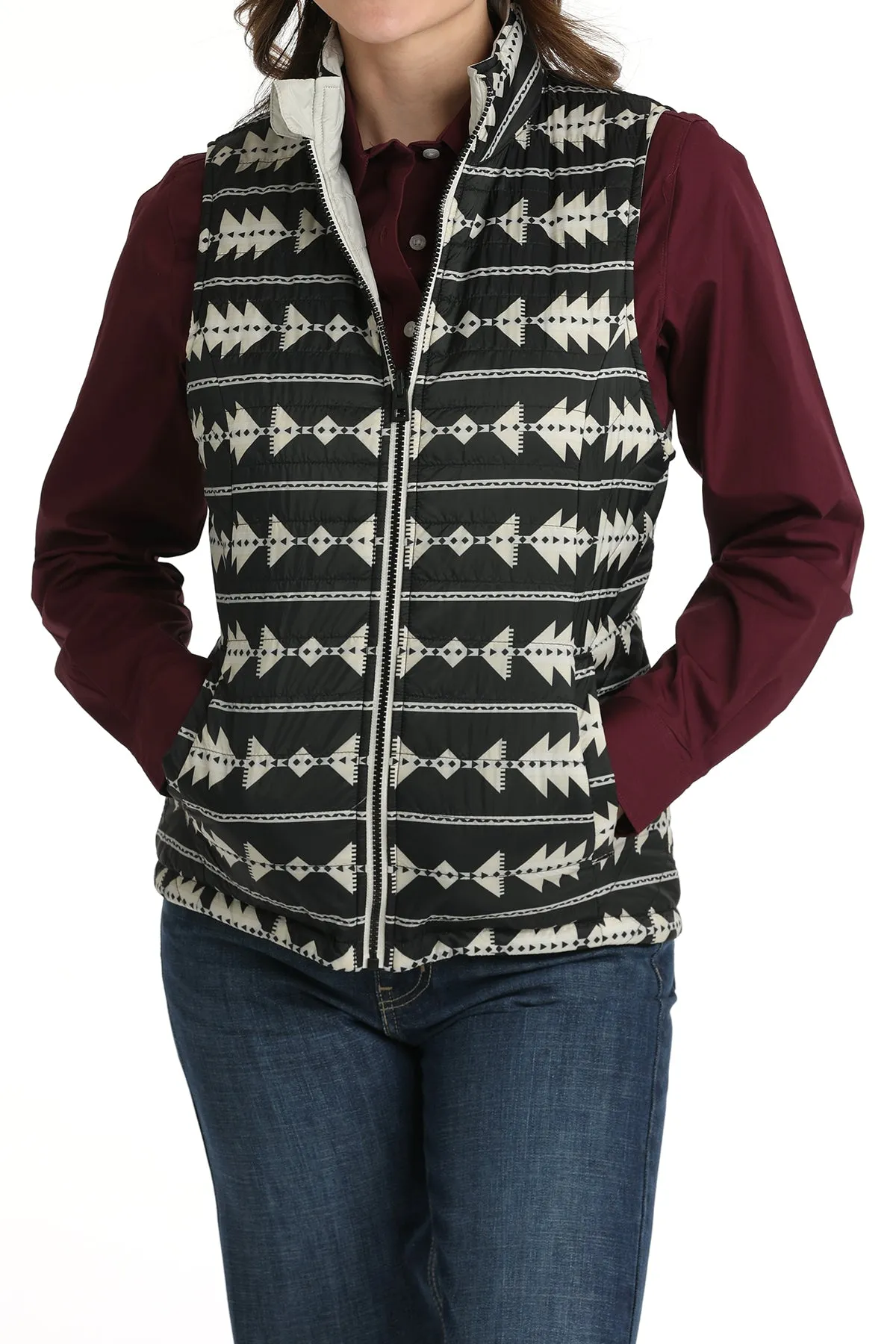 Cinch Women's Black and Cream Reversible Aztec Vest