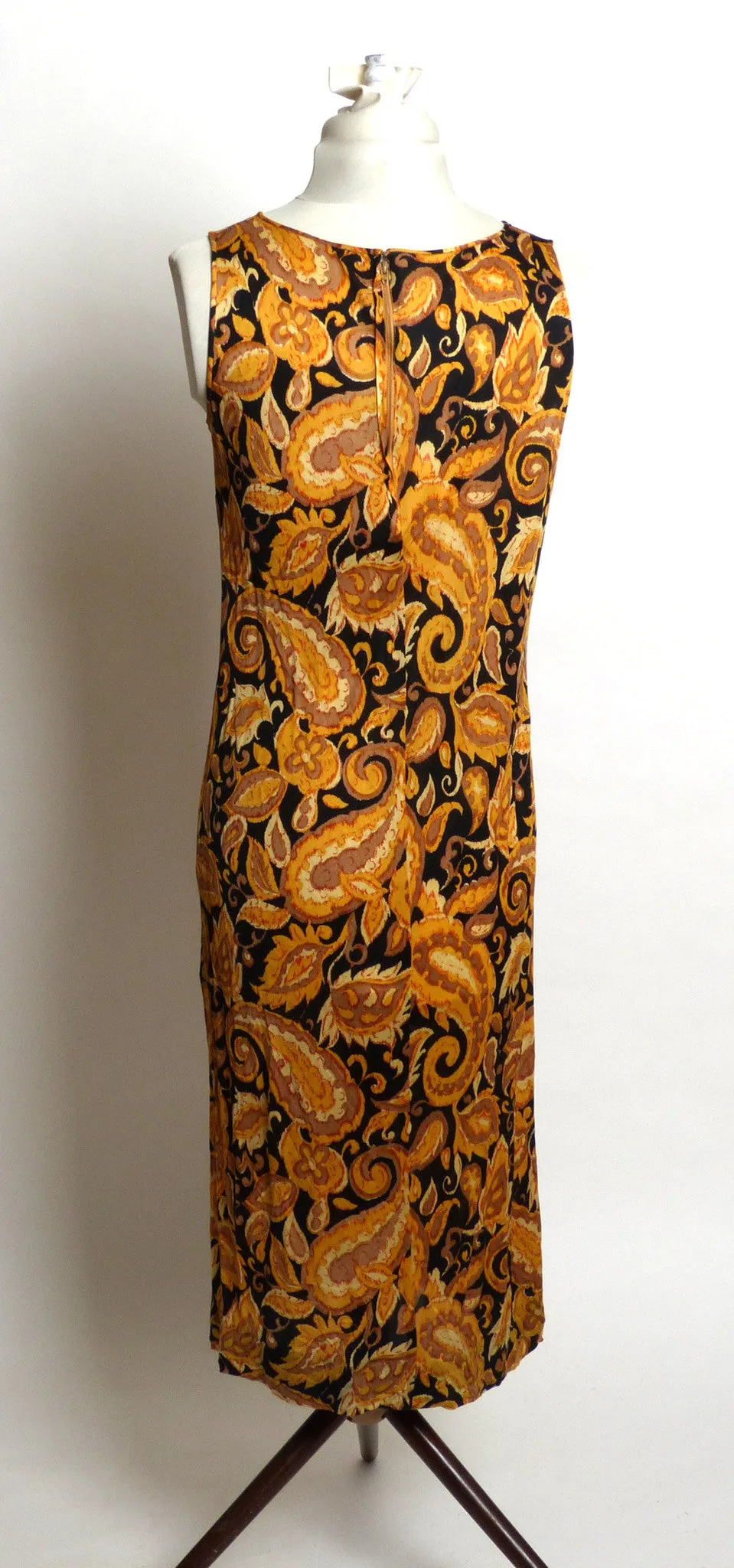 Circa 1960s Black and Gold Paisley Silk Jersey Dress