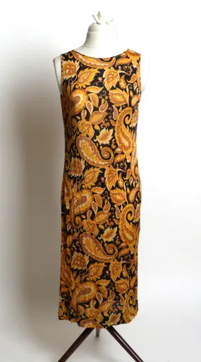 Circa 1960s Black and Gold Paisley Silk Jersey Dress