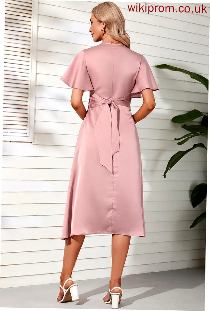 Club Dresses Satin Midi Dresses Sleeves Sheath V-Neck Short Kay Elegant