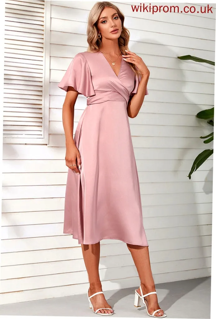 Club Dresses Satin Midi Dresses Sleeves Sheath V-Neck Short Kay Elegant