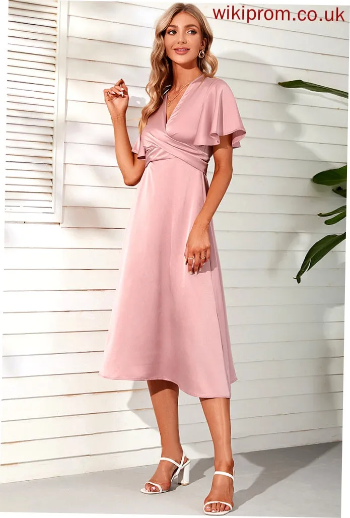 Club Dresses Satin Midi Dresses Sleeves Sheath V-Neck Short Kay Elegant