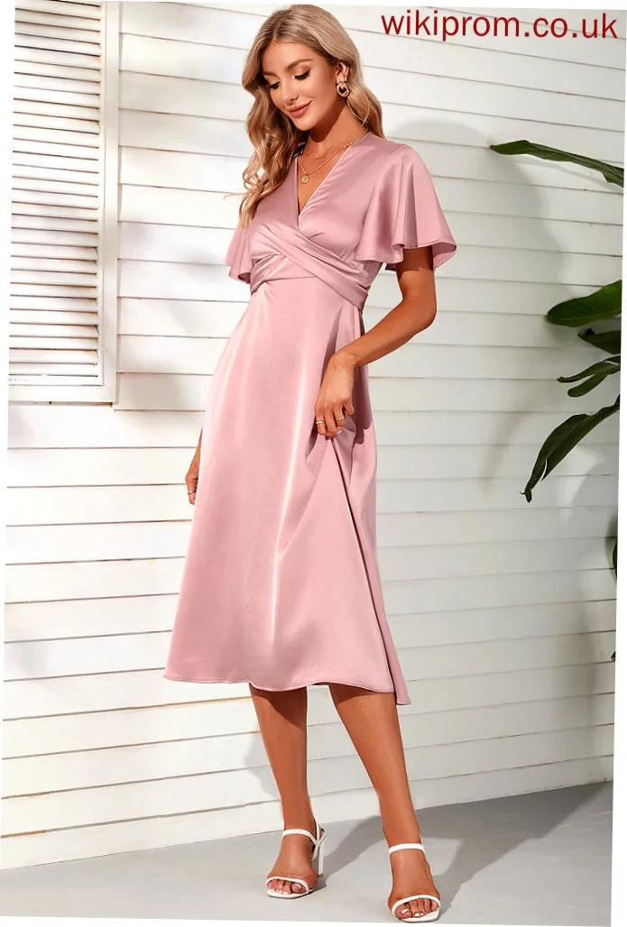 Club Dresses Satin Midi Dresses Sleeves Sheath V-Neck Short Kay Elegant