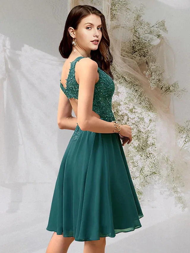 Cocktail Dresses Flirty Dress Homecoming Short  Mini Sleeveless V Neck Chiffon Backless with Beading Lace Insert